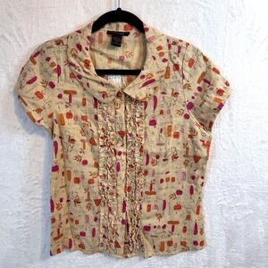 ANNE CARSON Womens Linen Blend Graphic Print Ruffle Button Up Shirt XL